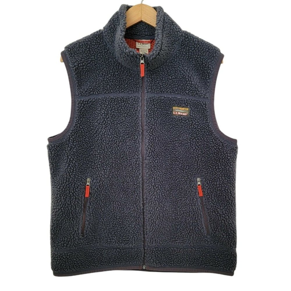 LL Bean Mens Mountain Pile Sherpa Fleece Vest Size L Gray/Orange Full Zip 502429